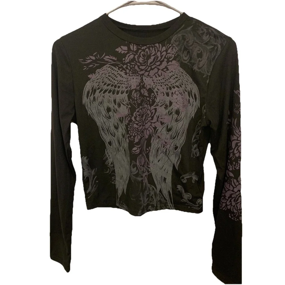 Romwe Affliction Casual Long Sleeve Small Feather Wing Stretchy Women Black - Picture 2 of 7